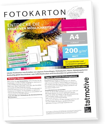 Premium 200g Druckerpapier A4 Fotokarton Matt 500 Blatt | für Laserdrucker beidseitig bedruckbar, dickes Fotopapier Weiß für Fotos, Einladungen, Visitenkarten, Basteln