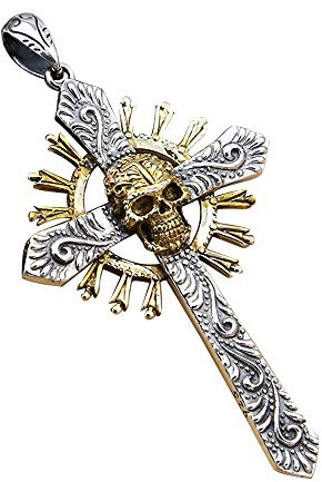 Groß Gothic 925 Sterling Silber Kreuz Anhänger mit Golden Totenkopf für Herren