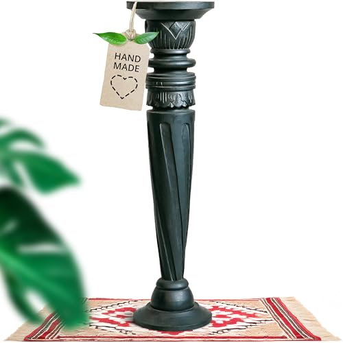 livasia gedrehte Deko Holzsäule 80cm – Antik-Look Podest, Blumensäule, Dekosäule aus Albiziaholz – Balinesische Handwerkskunst, Nachhaltig und Einzigartig (Schwarz)