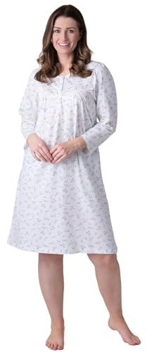 Camille Organic Cotton Women's Nightie | Floral Knee Length Lightweight Ladies Cotton Nightdress, Relaxed Fit Traditional Nighty with Long Sleeves