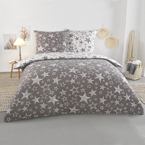 BaSaTex 200x220 Microfaser Flausch Bettwäsche Sterne grau Weiss Taupe Fleece Thermofleece Übergröße 2tlg.Set