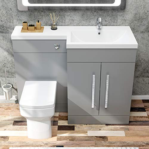 ELEGANT 1100mm L Shape Bathroom Vanity Sink Unit Furniture Storage,Right Hand Matte Grey Vanity unit + Basin + Ceramic Square Toilet with Concealed Cistern