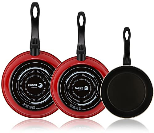 Fagor Optimax - Juego de Sartenes Rojas 20+24+28cm + Fiambrera 24.5cm, Antiadherente Bicapa, Acero Esmaltado, Todas las Cocinas, Lavavajillas, Inducción