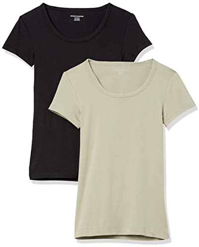 Amazon Essentials Women's Slim-Fit Cap-Sleeve Scoop Neck T-Shirt, Pack of 2, Black/Sage Green, XL