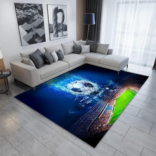 MANGGUO Fußball Teppich Schlafzimmer Wohnzimmer Küche Teppiche Sport Fußballplatz Bodenmatte Fußmatten Badezimmer Gymnastikmatte Wurf Krabbel Matte (Blau, 120x180 cm)