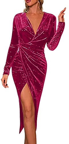ORANDESIGNE Robe de Soirée Longue Femme Robe en Velours Fente Latérale Paillettes Robe Portefeuille Cocktail Manches Longues Col en V Chic et Elegante Robes Clubbing A Rose Rouge M