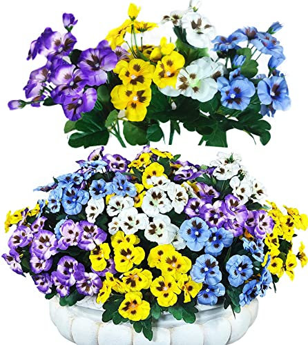 QIANYUN 12 Stück Künstliche Blumen für den Außenbereich, UV-beständig, Kunststoff, für den Außenbereich, Weiß/Violett/Blau/Gelb