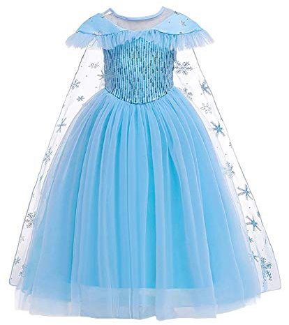 Mädchen Elsa Kostüm Eiskönigin Maxikleid mit Schneeflocke Umhang Kinder Schneekönigin Prinzessin Cosplay Karneval Fasching Verkleidung Eisprinzessin Weihnachten Halloween Partykleid Eisblau 3-4 Jahre