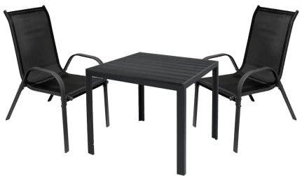 Mojawo Hochwertige Gartengarnitur 3-teilig Gartentisch 90x90cm Anthrazit Grau + 2 Stapelstühle Textilen Anthrazit/Schwarz