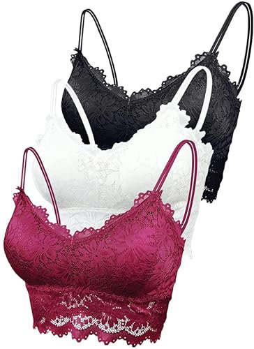 Leezepro Damen BH 3er Pack Ohne Bügel Push up Crop Top Sexy Bustier Spitze BH Set Sport BH für Alltag Yoga Fitness(Schwarz-Weiß-Rot,L)