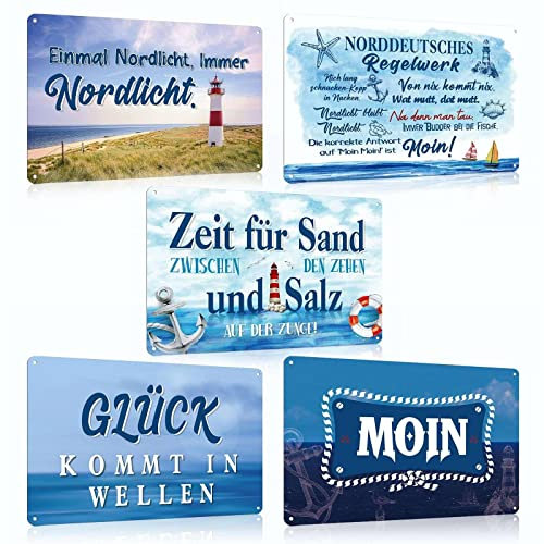 ESFIVHO 5er Set Vintage Blechschild Nordsee Meer Strand Leuchtturm - Retro Metallschild mit Spruch - MOIN - GLÜCK KOMMT IN WELLEN - NORDDEUTSCHES REGELWERK - Wand-schild Shabby Chic Deko Geschenk