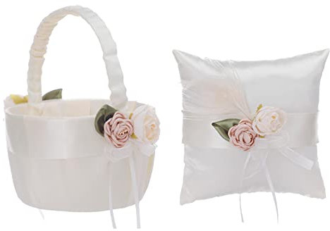 BestAlice Hochzeits-Blumenmädchen-Korb und Ringträger-Kissen, elfenbeinfarben, Satin-Schleife, Ringträgerkissen und Blumenmädchen-Körbe für Hochzeiten, Heimdekoration