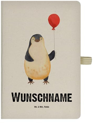 Mr. & Mrs. Panda DIN A4 Personalisiertes Notizbuch Pinguin Luftballon - Personalisierte Geschenke, Geschenk Freundin, Neustart, Pinguine, Tagträume, Liebe, Ideenbuch Personalisiert, Hardcover