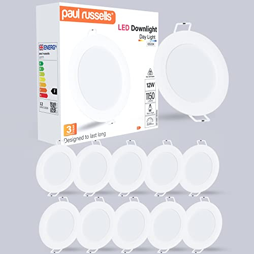 paul russells LED Ceiling Downlights, 12W Slim Recessed Bathroom Downlights, Kitchen Ceilings, 1150 Lumens, 6500K Bright Daylight, Cutout 120-130mm, Round Non-Dimmable Panel Spotlights, 10 Pack