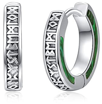 Unisex Creolen 925 Sterling Silber Malachit Wikinger Rune Schwarze Ohrringe Schläfer Ohrringe Geburtstagsgeschenke für Männer Frauen