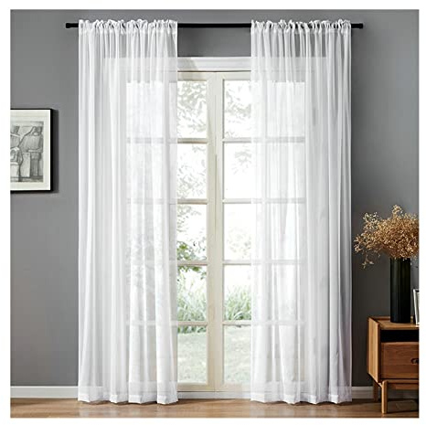 Homxi Vorhänge Tüll 2er Set 2 x 107Wx147L cm,Vorhänge Halbtransparent Weiß Einfarbig Vorhänge mit Taschen