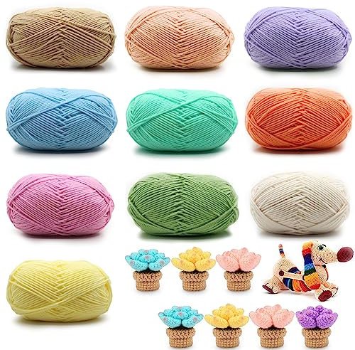 Häkelgarn, 10 Stück x 50g Handstrickgarn Baumwollgarn, Enthält Milchbaumwollgarn, für Häkeln und Kunsthandwerk, für Anfänger, Pflegeleichtes, 10 Farben