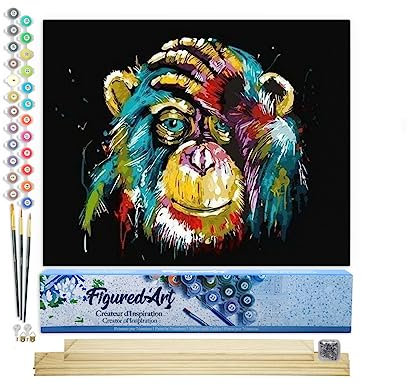 Figured'Art Peinture par Numéro Adulte Babouin Pop Art - Activité Manuelle Kit de Loisir Créatif DIY Numéro d'Art Complet - 40x50cm avec châssis en bois à monter