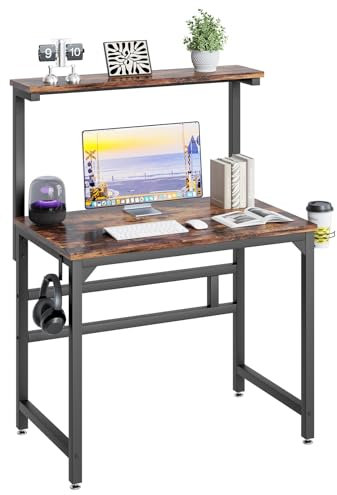TREETALK Scrivania per computer, 80 cm, stile industriale, con supporto per monitor regolabile in altezza in 5 posizioni (84,5-120 cm), stazione di lavoro per PC portatile con portabicchieri e gancio