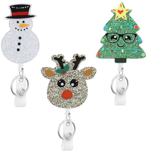 Lot de 3 bobines de badges de Noël rétractables avec clip crocodile pivotant, motif élan, bonhomme de neige, arbre de Noël, porte-badge pour infirmière et étudiant