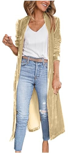 AMhomely Velvet Cardigan For Women Long Velvet Cardigan Plaid Velvet Maxi Duster Cardigans Open Front Trench Coat Velvet Jacket Casual Lapel Collar Open Front Cardigan Coat Long Outerwear Beige XXL
