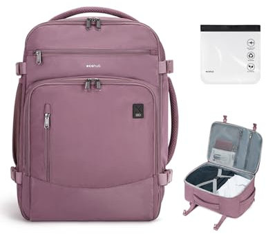 ECOHUB Mochila Viaje Cabina Avion 45x36x20 Debajo del Asiento Maletas de Viaje Equipaje de Mano Mujer Eco Pet Mochila de Senderismo para Impermeable Hombre 30 litros Botella de Agua(Rosa)