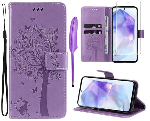 Oududianzi - Cover Samsung Galaxy A55 5G Libro Flip Custodia Portafoglio Pelle PU Silicone TPU Antiurto [1X Vetro Temperato] [Slot Schede][Chiusura Magnetica][Funzione Stand] Cover Samsung A55-Viola