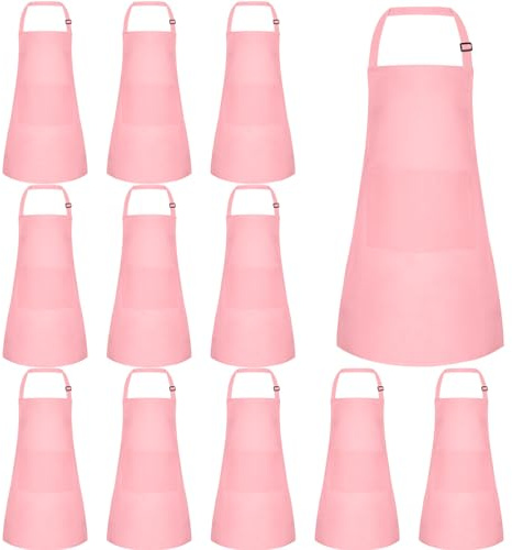 BOUBONI 12 Stück Kinder Schürze mit 2 Taschen Verstellbare Kinderschürze für Jungen Mädchen Kochschürze Kinder Backschürze für Kochen Backen Malen Basteln Grillen Aktivitäten (Rosa)