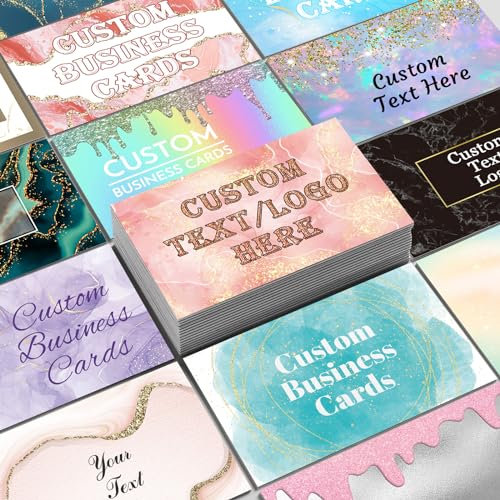Lot de 100 cartes de visite personnalisées avec logo et texte photo - Cartes de visite imprimées double face - 8,9 x 5,1 cm - Imperméables - Modèle marbré pailleté