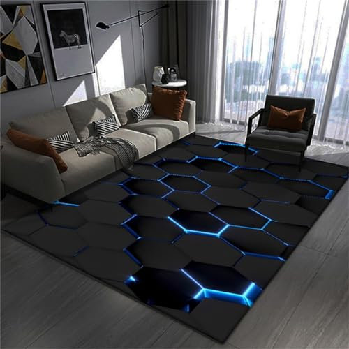 Gaming Chair Mat Rug - Gamer Teen Bedroom - Non-slip Easy To Clean Carpet - Desk Floor Protector Mat - 3D Illusion Neon Lines Print - Suitable for Boys Girls Kids E-sports Room (Black,140x200cm)