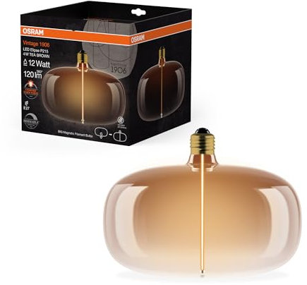 OSRAM Vintage 1906 Big Elipse ist eine dimmbare LED-Lampe mit Filament in Ellipsenform. Sie bietet 4 W für 120 lm, E27 Fassung, Tea Brown Glas, 215 mm Durchmesser, Farbwiedergabe CRI 80, 1800 K.