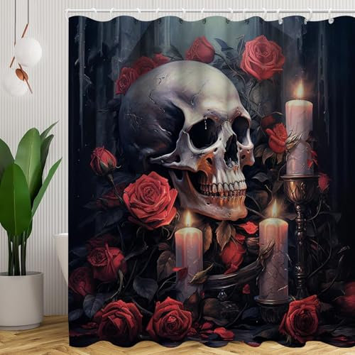 SMchwbc Totenkopf Duschvorhang 180 x 200 180 x 180 Totenkopf Blumen Rose Gothic Duschvorhänge Polyeste Skull Halloween Skelett Duschvorhang 12 Haken (5,120 x 200 cm(BxH))
