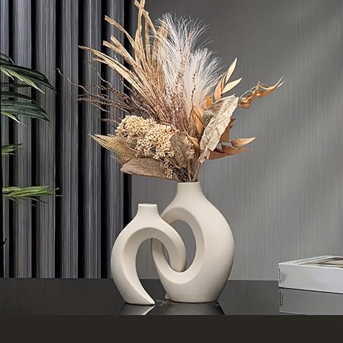 Hohle weiße Keramikvase 2er Set, Dekorative Blumenvase für Pampasgras, Nordic Modern Boho Ins Style Donut Vase für Blumen, Home Wohnzimmer, Ästhetische Blumenvase für Bauernhaus(weiß)