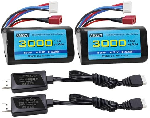 AMZZN 2 Stück 11.1V 3000mAh 15C 3S T-Plug Li-Ion Akku mit USB-Ladegerät, geeignet für R608 2104 Boot bürstenlose Fernbedienung, 210E 200E Auto bürstenlose Fernbedienung