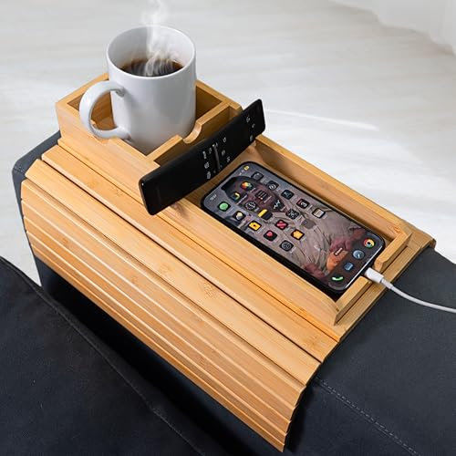 Bandeja de bambú para reposabrazos de sofá con portavasos desmontable, bandeja plegable antideslizante para reposabrazos para bebidas, aperitivos, controles remotos y teléfonos, organizador de