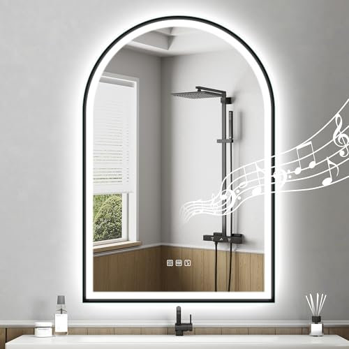 STARLEAD 900x600 mm Arch Bathroom-Mirror-with-LED-Lights and Bluetooth, LED-Bathroom-Mirror with 3 Colours Dimmable, Defogging, IP44, HD Tempered Glass, Black Paint, Not Metal Frame