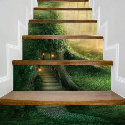 Targawerelax 6 pcs Pegatinas escaleras peldaños, para escalones de Madera, para Interiores, Impermeables, para Bricolaje, para Profesionales, para actualizar el Vinilo, Forest Tree House Green