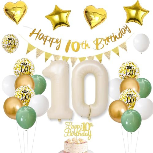 10 Geburtstag mädchen Junge,Deko 10. geburtstag mädchen,Salbeigrüne Geburtstagsdeko 10 jahre Mädchen,Folienballon Zahl Luftballon 10.Geburtstag Happy Birthday Girlande Geburtstagsdeko Mädchen 10 Jahr