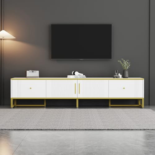 BENMWS Elegante mueble de TV blanco, con borde dorado, 2 puertas, 2 cajones, patas ajustables y gestión de cables, ideal para televisores de 80 pulgadas, 40 x 180 cm