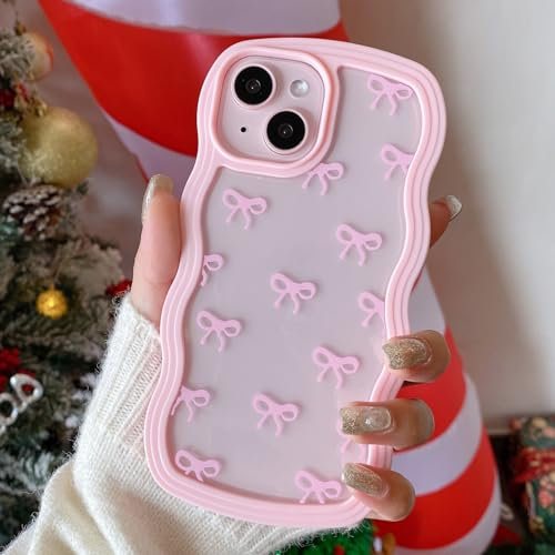 QLTYPRI Bow Case for iPhone 15 Pro Max, Clear Cute Ribbon Bow Phone Case Curly Wavy Aesthetic Phone Case, Slim Soft Transparent Shockproof Protective Cover for Women Girls - Pink
