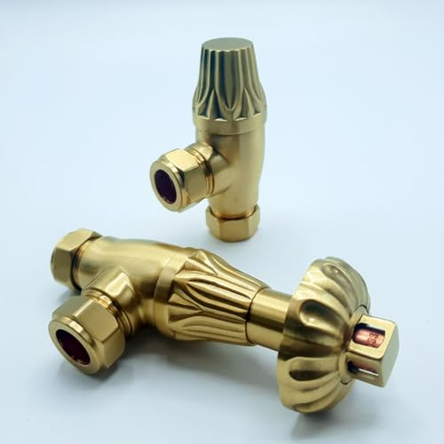 Lux Heat Angled Brushed Brass Traditional Ornate Thermostatic Radiator Valve (TRV) Set