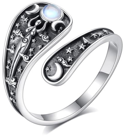 INFUSEU Hecate Triple Moon Goddess Löffel Ring, Gothic Löffel Bouge Halloween Weihnachten 925 Silber Skelett und Verstellbaren Löffel Vintage Geschenke für Frauen Männer