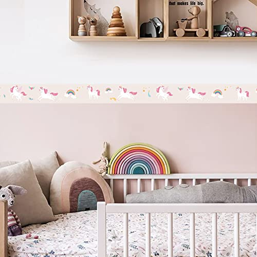 neukids 2 Rolls selbstklebende bordüre Einhorn Muster, DIY bordüre tapete wandbordüre selbstklebend,sockelleiste küche，Schlafzimmer，Badezimmer, Kinderzimmer dekorative tapetenbordüre
