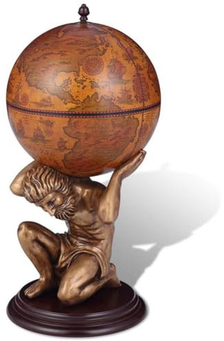 Globe Bar Wine Stand Atlas Design 42 x 42 x 85 cm Armadietto per bevande, modello mappa vecchio stile Globe Bar con supporto mitologico, organizza bottiglie e bicchieri, combinazione di