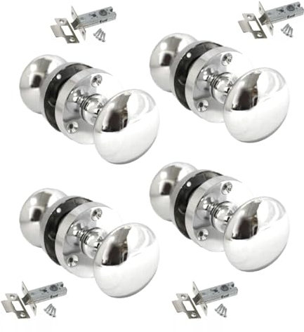 Polished Chrome Victorian Style Round Door Knob Set – 4 Pairs with Tubular Latch, Sprung Internal & External Door Knobs for Mortice Locks – 56mm Rose, 52mm Knob