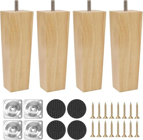 Qodiacl 4 Stück Möbelfüße Holz 15cm Quadratische Holzfüße aus Massives Eichenholz Tischbeine Schrankfüße Möbelbeine Holzbeine Ersatz Beine für Möbel Schrank Beine Couch Tisch Sofa Bett