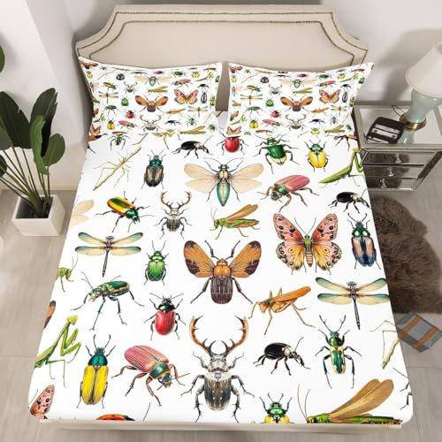 3D Spannbettlaken 140x200 Insekt Bettlaken Weiches Atmungsaktiv Spannbetttücher Insekten Mikrofaser Spannbetttuch Tiefe Tasche 30 cm Mit 2 Kissenbezügen 80x80 cm q.2996