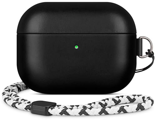 Rixeny Echt Leder Hülle für Apple AirPods Pro 2/1 Schutzhülle, Schwarz | Elegant-Stil Echt LederHülle case, mit Handschlaufe, Dunkelt mit Patina, Kompatibel mit MagSafe, Einfach tragbar