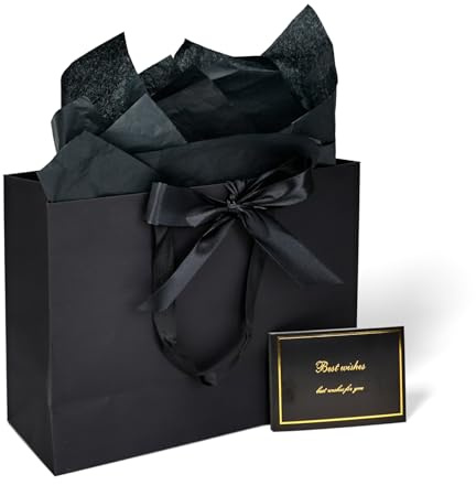 Huaprint 6 Pack Black Large Gift Bags Kit, 33x12.7x25.4cm Extra Large & Sturdy Gift Wrapping Set with Tissue Paper, Card & Ribbon for Clothing, Shoes, Wine Bottles, Christmas Birthday Gifts