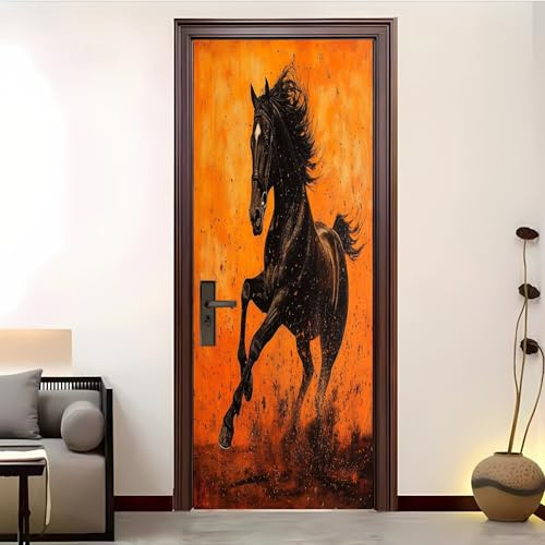 Türfolie Selbstklebend Türaufkleber Schwarzes Pferd Modern Decoration 3D Türposter 77x200 cm, PVC Wasserdicht Abnehmbar Orange Farbe Türtapete für Innentür Außentüren Sanierung